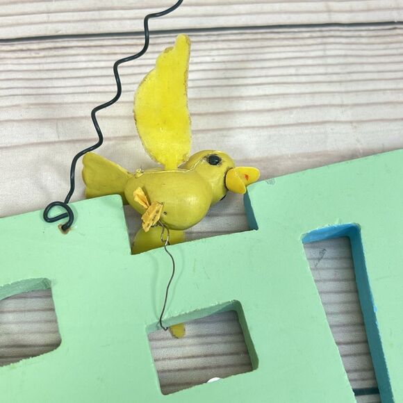 Vintage EASTER Wooden Hanging Sign Decoration Hand Painted Bunny Bird Spring 14” - Picture 10 of 12